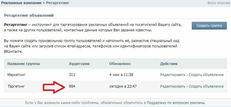 Ретаргетинг объявлений Вконтакте группы